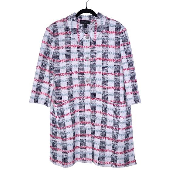 ST. JOHN Plaid Longline Jacket Multicolor Tweed Straight Cut Unlined Women's 18 - Picture 1 of 12